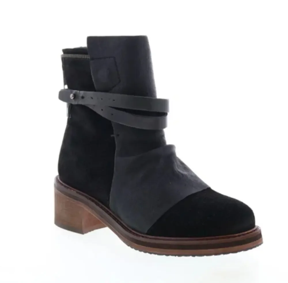 Diba True Copper Tail Suede Boots 7.5 Black Ankle Booties Leather Heel Grunge